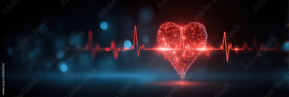 Poster Heartbeat Line Transitions Into Heart Icon Over a Medical Background in a Vibrant, Digital Display Signifying Health and Wellness