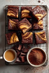 Delicious Chocolate Brownies with Creamy Swirls and Coffee Setup, Perfect for Dessert Lovers and Baking Enthusiasts in Rustic Kitchen Setting