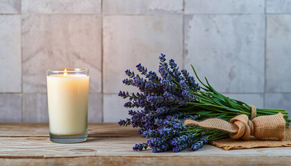 A lavender bouquet and a lit candle on a rustic wooden table create a soothing ambiance.
