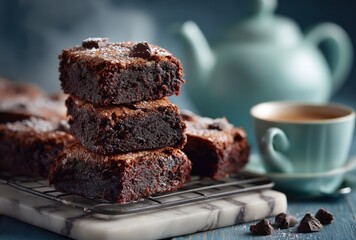Delicious Chocolate Brownies with Melting Chocolate Chips on a Cooling Rack and Cup of Coffee in Background