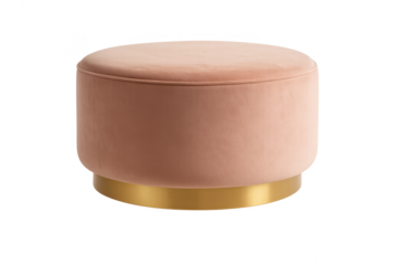 Stylish velvet ottoman stool with golden base isolated on transparent background.