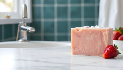 Handmade soap block topped with salt sits on a marble countertop in a kitchen setting. Fresh strawberries beside the soap add a vibrant touch to the scene, enhancing its natural appeal.