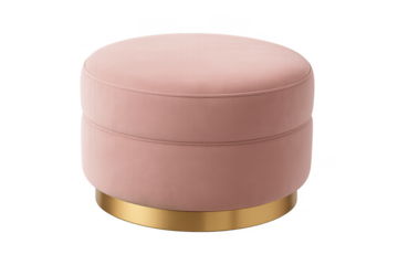 Elegant pink velvet ottoman with gold base isolated on transparent background