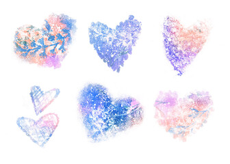A set of delicate charming blue pink hearts for design. Hearts on a white background for creative design of cards, postcards, invitations