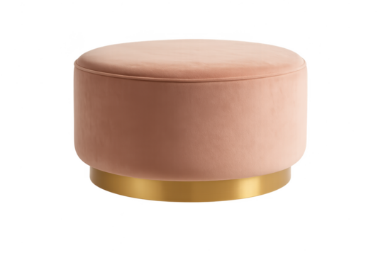 Stylish velvet ottoman stool with golden base isolated on transparent background.