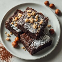 Delicious Chocolate Brownies with Nuts and Crumble on a Round Plate, Surrounded by Cocoa Powder and Hazelnuts, Perfect for Dessert Enthusiasts