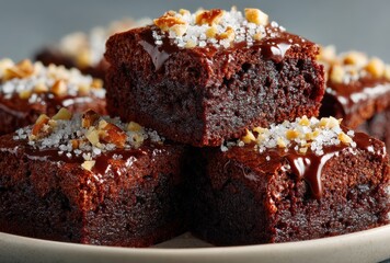 Delicious Chocolate Brownies with Nuts and Sea Salt on a Neutral Background, Perfect for Dessert Lovers and Baking Enthusiasts Capturing Rich Flavors