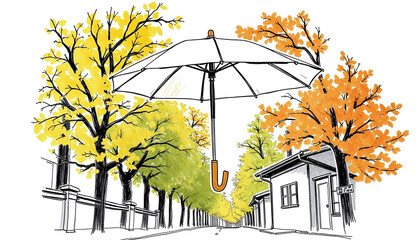 Illustration of Large Umbrella Over Autumn Path