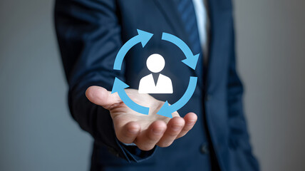 Businessman presenting candidate recruitment cycle, highlighting career growth, advancement, and human resources management.