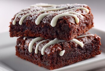 Delicious Chocolate Brownies with White Drizzle on a Clean White Plate Perfect for Dessert, Baking, and Sweet Treats Lovers
