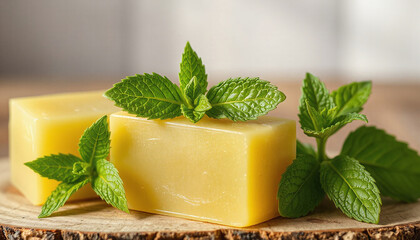 Natural Soap Bars with Fresh Mint Leaves