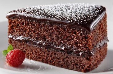 Delicious Chocolate Cake Slice with Rich Frosting and Garnish of Raspberry and Mint Leaf for Dessert Lovers and Food Photography Enthusiasts
