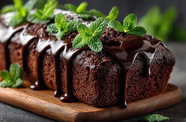 Delicious Chocolate Cake with Mint Leaves and Chocolate Glaze on Wooden Board in Dark Background Perfect for Dessert Lovers and Culinary Enthusiasts