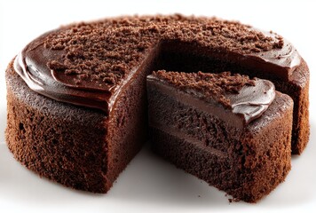 Delicious Chocolate Cake with Slices Cut Out and Crumbs on Top, Perfect for Any Celebration or Event, Rich Flavor and Moist Texture, Indulgent Dessert Option