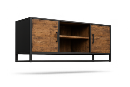 Elegant wooden cabinet with metal frame isolated on transparent background.