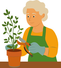 An elderly woman is pruning a potted plant. She is wearing gardening gloves, an orange shirt, and a green apron.