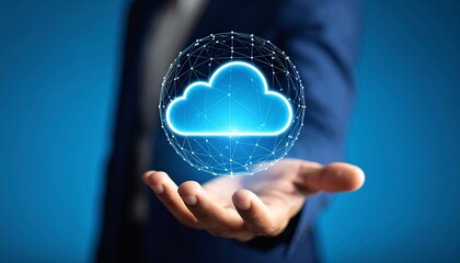 A three-dimensional spherical digital cloud icon spins from the palm of a man's hand