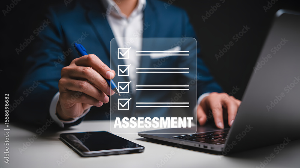 Poster assessment checklist is being reviewed by a professional, using a digital interface on a laptop for 