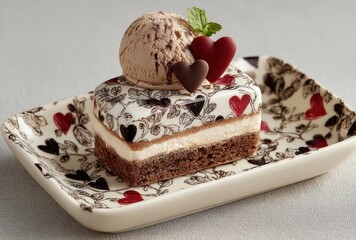 Delicious chocolate dessert with ice cream on a stylish plate decorated with hearts, perfect for romantic occasions and sweet celebrations