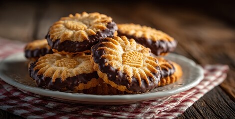 Delicious chocolate dipped cookies stacked on a white plate served on a rustic wooden table with checkered cloth in warm and inviting lighting