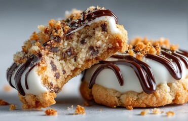 Delicious Chocolate Drizzled Cookies with Crushed Topping Showcased on a Light Background for Sweet Treat Photography