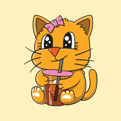 Cute Kitten Sitting and Drinking Tea with Straw