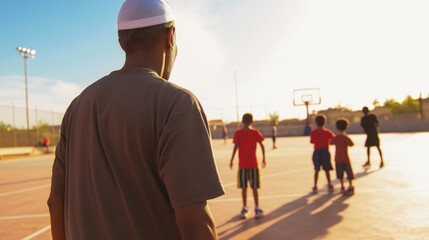 Muslim coach watching young basketball players training on a court at sunset, fostering teamwork and skill development in a vibrant atmosphere