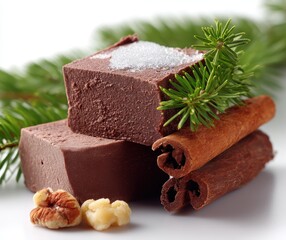 Delicious chocolate fudge squares with cinnamon sticks, pine branches, walnuts, and sugar on top, perfect for festive holiday treats and dessert inspiration
