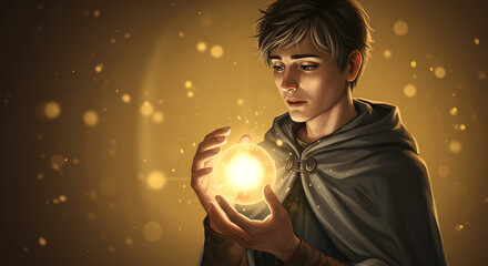 Naklejka premium Man in cloak holding glowing golden orb in dark setting with warm ambient lighting.