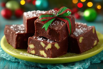 Delicious chocolate fudge squares with nuts and festive decoration on a green plate, perfect for holiday celebrations and sweet treats at gatherings