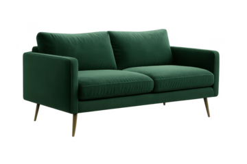Modern green velvet sofa isolated on transparent background, stylish furniture