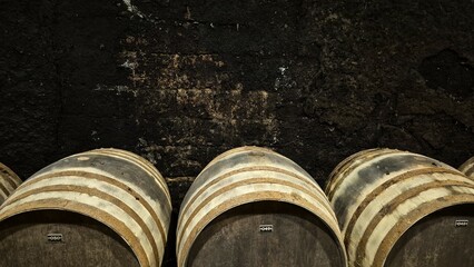 wooden wine barrels stacked against a rustic black wall, representing tradition and craftsmanship...