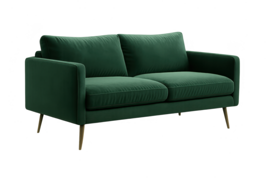 Modern green velvet sofa isolated on transparent background, stylish furniture