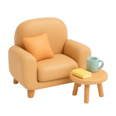 3D claymorphic chair with a pillow and side table featuring a cup and a book on a transparent background