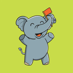 Excited Cartoon Elephant Holding Red Flag with Its Trunk