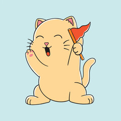 Cute Cheerful Cat Holding Red Flag with Smile Expression