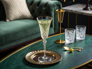 French 75 in crystal flute with gold rim on dark green velvet. Dramatic lighting, crisp detail. Vintage cocktail elegance with luxurious, editorial still-life style.
