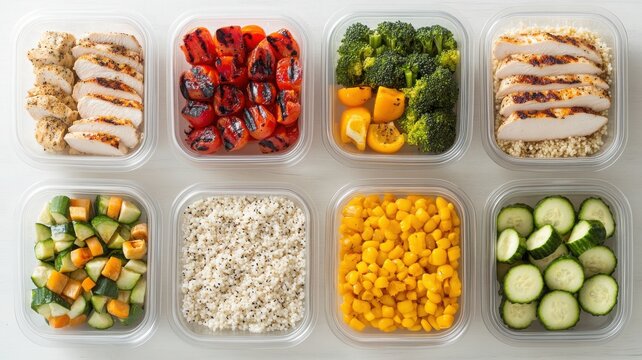 Flat lay of meal containers with vibrant portions on wood island with greenery background. Clean and bright kitchen background