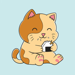 Cute Smiling Kitten Sitting and Eating Onigiri