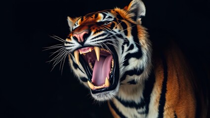 Fototapeta premium Primal Instinct: Majestic Bengal Tiger Mid-Roar, Dark Background 