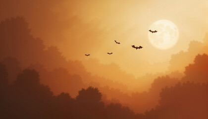 Bats flying at dusk over orange misty forest