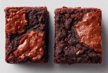 Delicious close-up of rich chocolate brownie squares with a shiny cracked top and soft, fudgy texture on a light neutral background