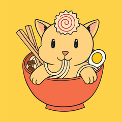 Cartoon Cat Sitting Inside Ramen Bowl While Eating