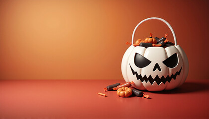 Halloween pumpkin candy basket with sweet treats, with space for text