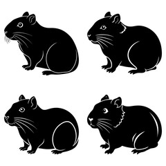 Four stylized black guinea pigs in different poses against a white isolated background image art