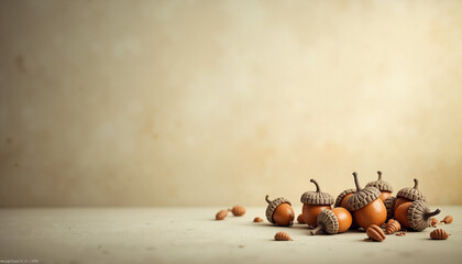 Scattered acorns on warm gray to golden gradient, with space for text