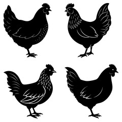 Four black chicken silhouettes in various poses against a white background showcasing poultry art