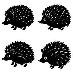 Four black and white silhouette illustrations of hedgehogs in various poses on a white background