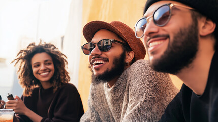 Group of friends laughing and enjoying vaping together on a sunny day, embracing the joy of youth and friendship in an urban setting