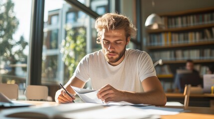 Focused young man studying in a sunlit library environment during the afternoon